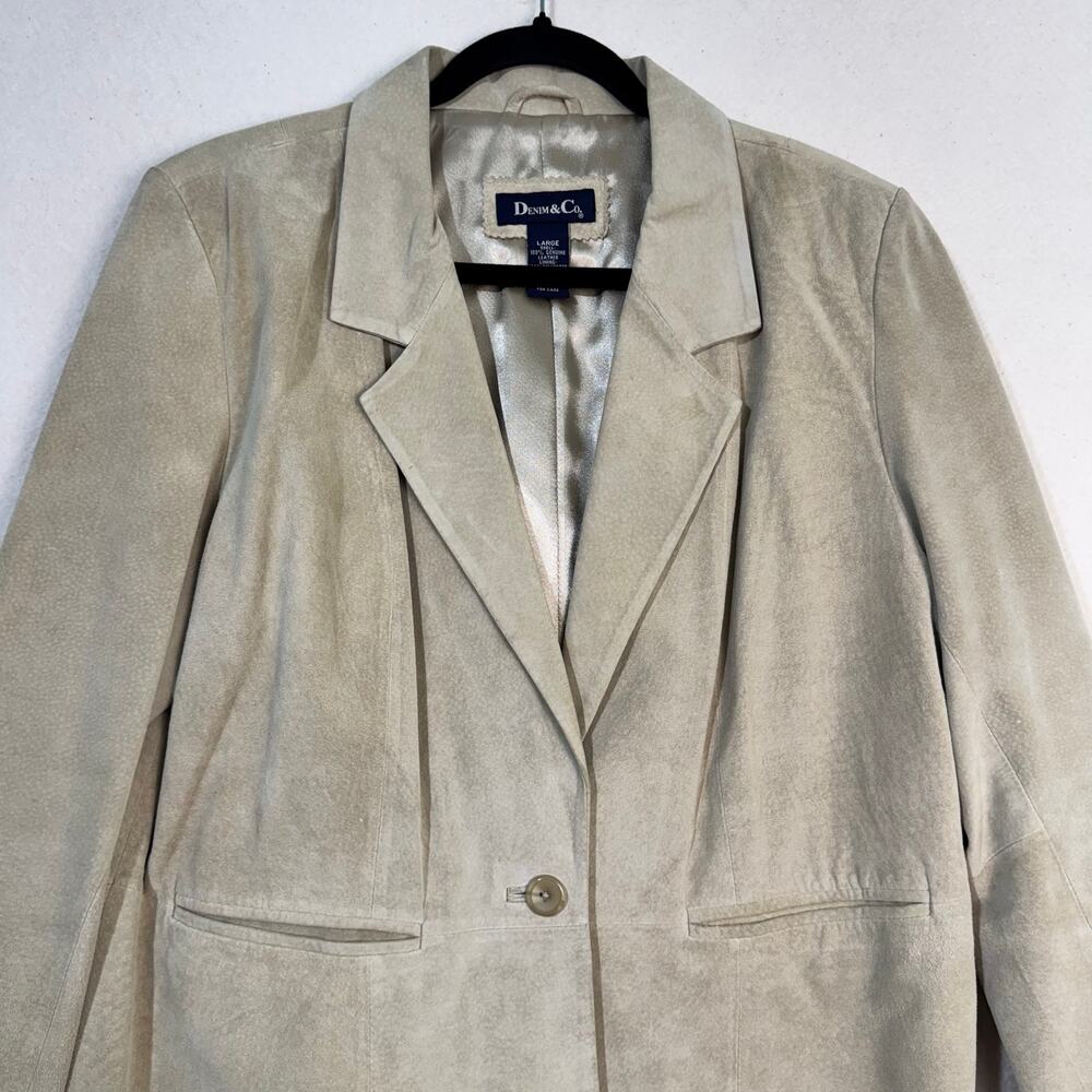 Denim & Co Light Tan Leather Suede Blazer Jacket Size Large 90's VTG Satin Lined - Picture 6 of 7